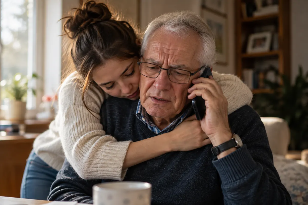 Egy fiatal nő hátulról átöleli telefonáló, aggódó nagyapját
