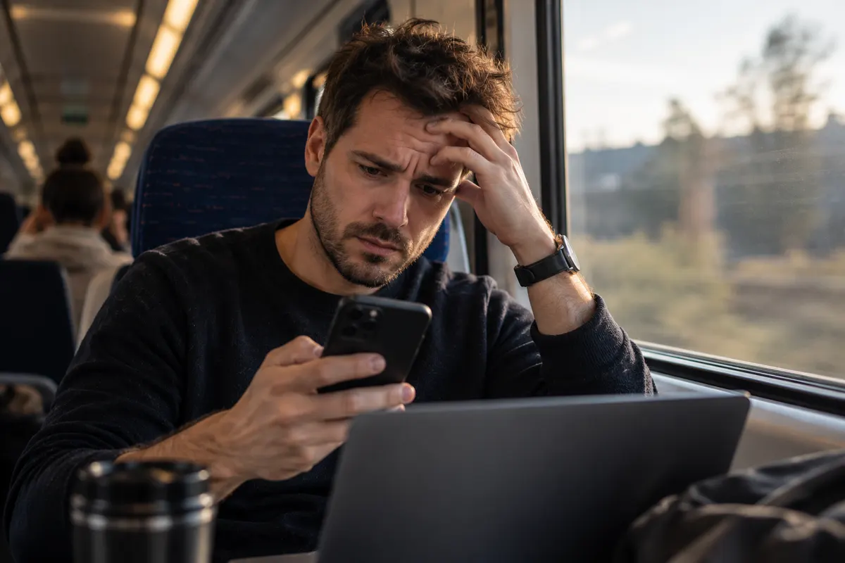 Egy férfi a vonaton aggódva nézi a telefonját, előtte nyitott laptop
