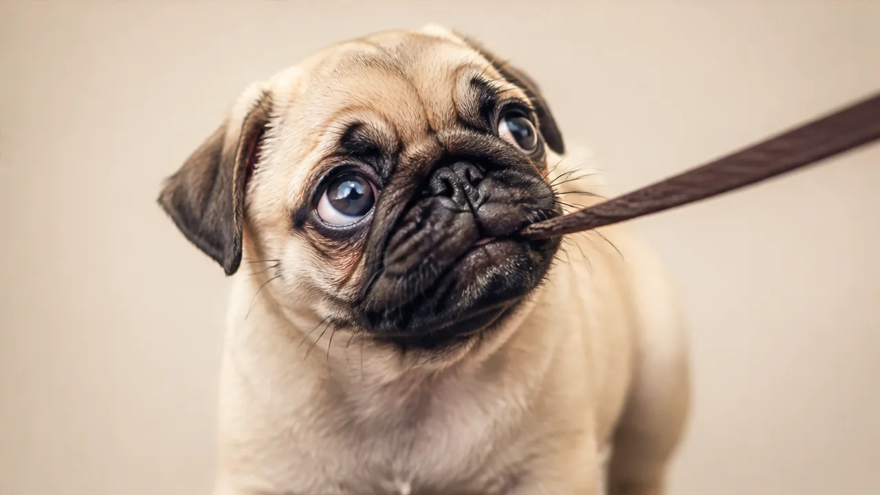 A cute pug puppy pulling on its leash